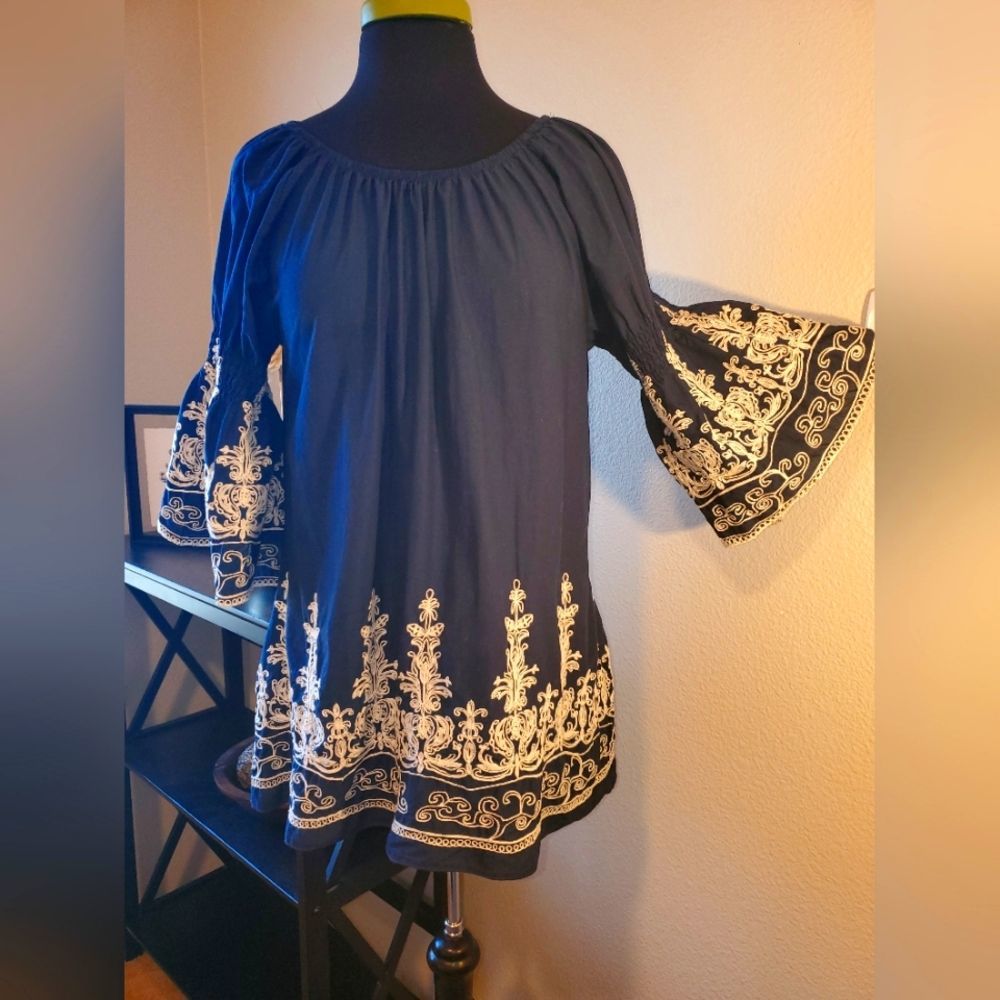 Indigo Soul Dark Blue Top with Ruffle Sleeves and White Embroidery